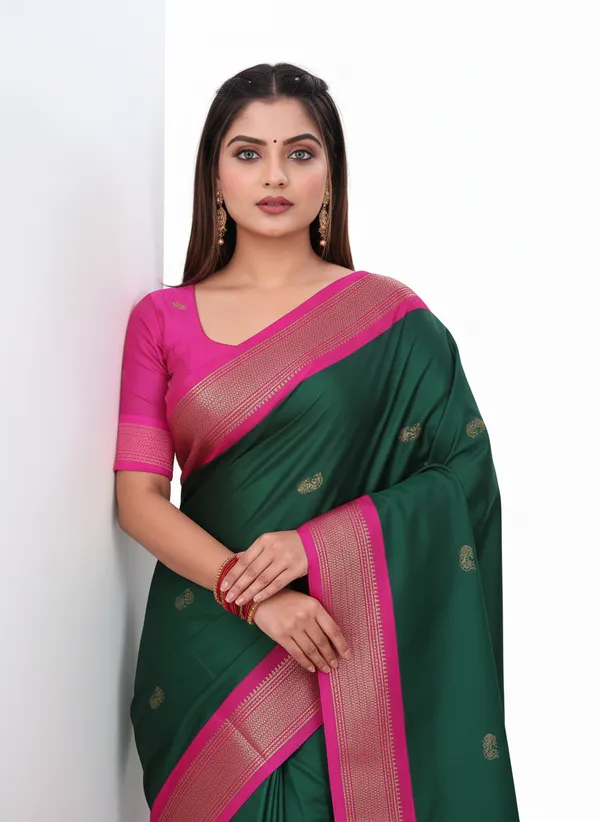 Bottle_Green_Cotton_Silk_Traditional_Saree_With_Running_Blouse_For_Women