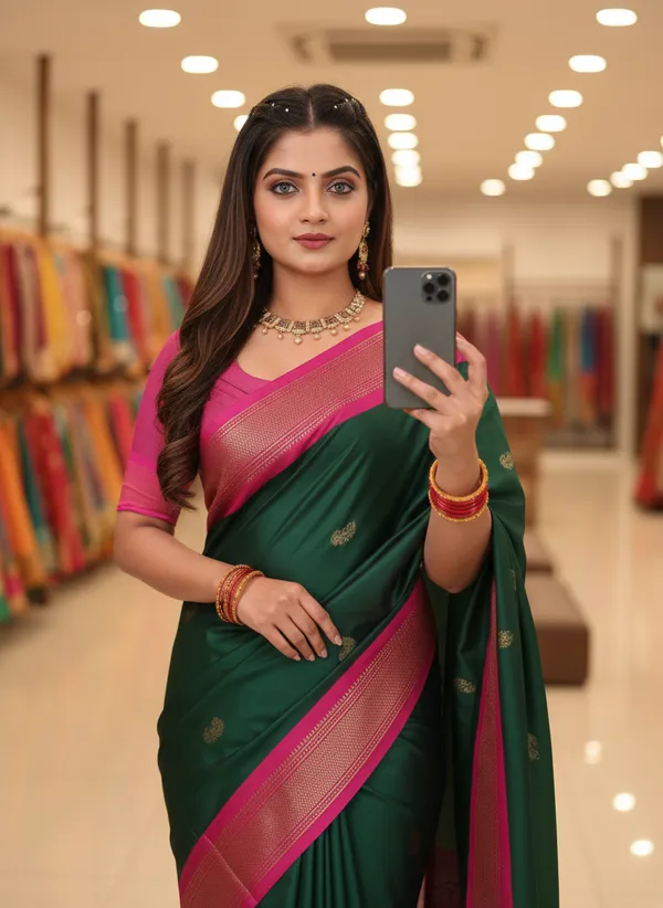 Bottle_Green_Cotton_Silk_Traditional_Saree_With_Running_Blouse_For_Women