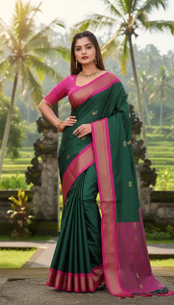 Bottle_Green_Cotton_Silk_Traditional_Saree_With_Running_Blouse_For_Women