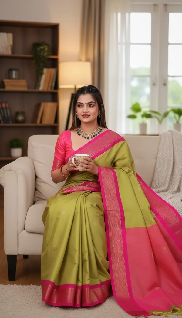 Olive_Green_Cotton_Silk_Traditional_Saree_With_Running_Blouse_For_Women