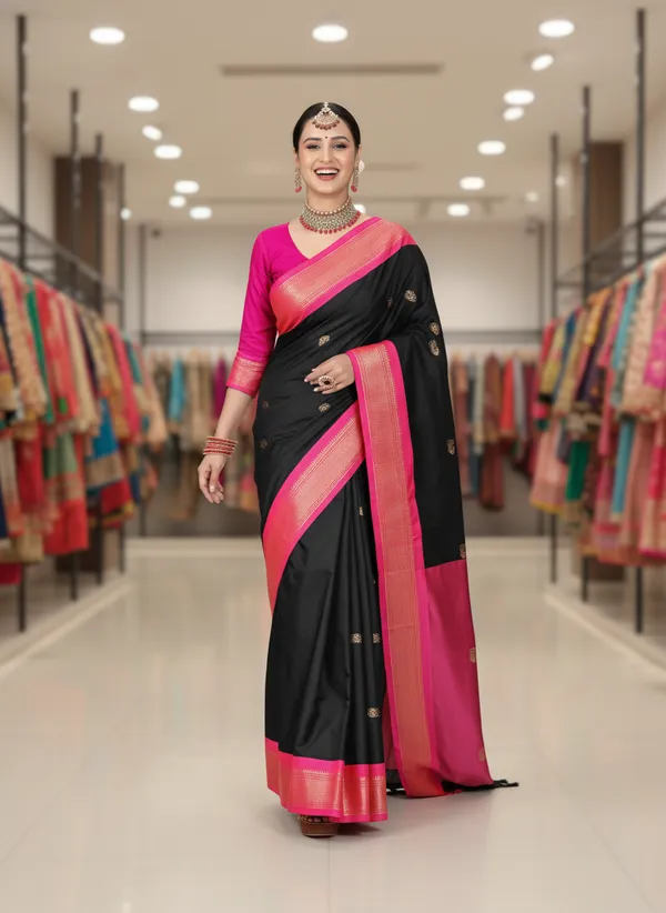 Black_Cotton_Silk_Traditional_Saree_With_Running_Blouse_For_Women