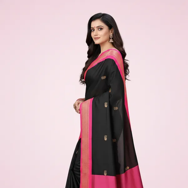 Black_Cotton_Silk_Traditional_Saree_With_Running_Blouse_For_Women