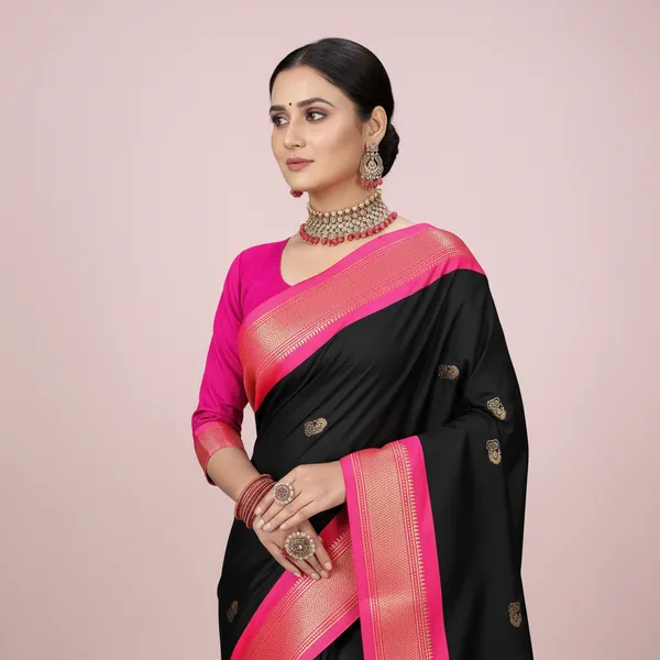 Black_Cotton_Silk_Traditional_Saree_With_Running_Blouse_For_Women