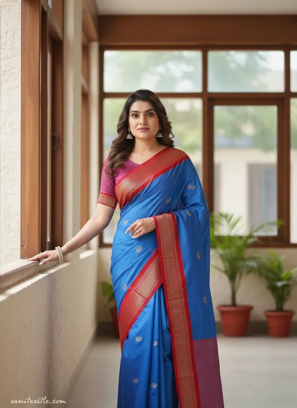 Ananda_Blue_Cotton_Silk_Traditional_Saree_With_Running_Blouse_For_Women