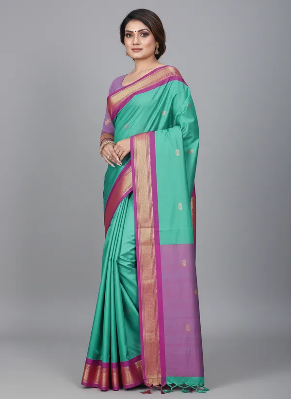 Aqua_Blue_Cotton_Silk_Traditional_Saree_With_Running_Blouse_For_Women