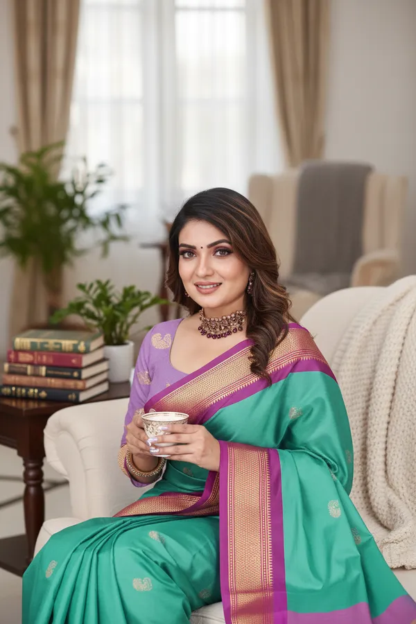 Aqua_Blue_Cotton_Silk_Traditional_Saree_With_Running_Blouse_For_Women