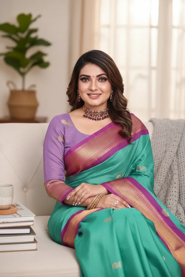 Aqua_Blue_Cotton_Silk_Traditional_Saree_With_Running_Blouse_For_Women