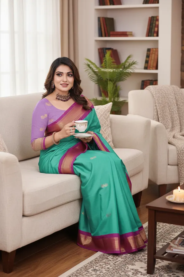 Aqua_Blue_Cotton_Silk_Traditional_Saree_With_Running_Blouse_For_Women