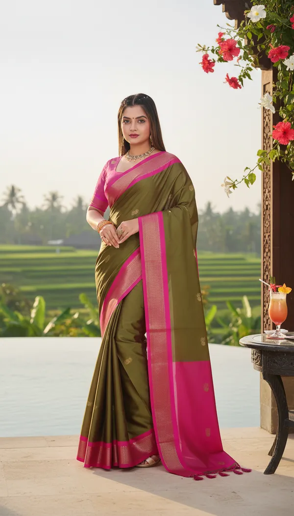 Mahendi_And_Pink_Cotton_Silk_Traditional_Saree_With_Running_Blouse_For_Women
