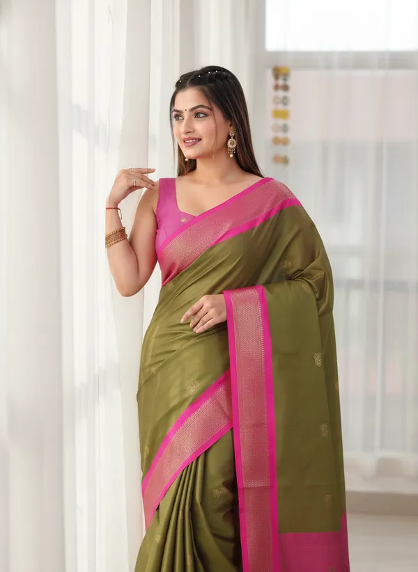 Mahendi_And_Pink_Cotton_Silk_Traditional_Saree_With_Running_Blouse_For_Women