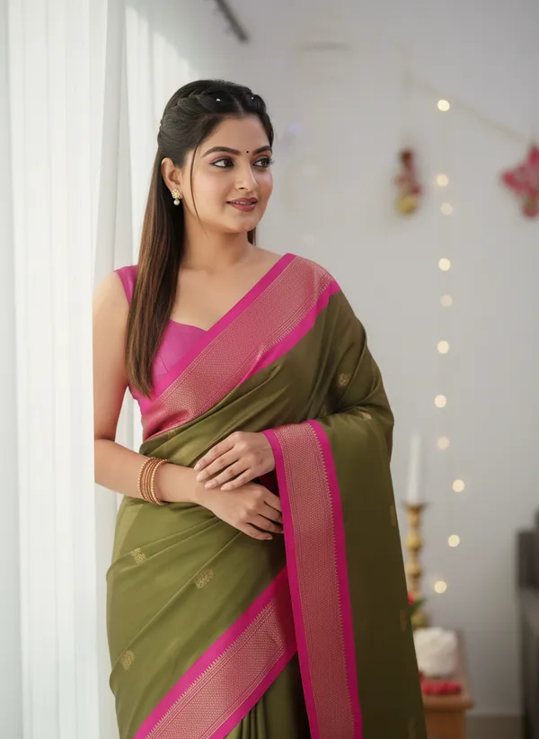 Mahendi_And_Pink_Cotton_Silk_Traditional_Saree_With_Running_Blouse_For_Women