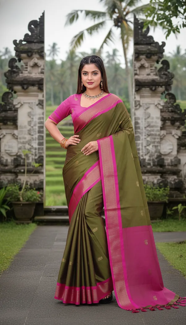 Mahendi_And_Pink_Cotton_Silk_Traditional_Saree_With_Running_Blouse_For_Women