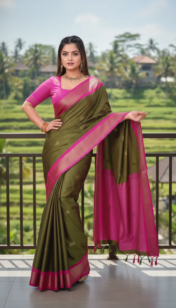 Mahendi_And_Pink_Cotton_Silk_Traditional_Saree_With_Running_Blouse_For_Women