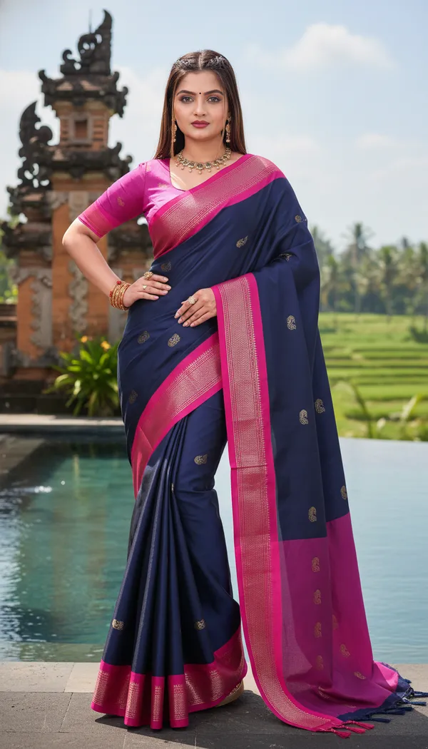 Navy_Blue_Cotton_Silk_Traditional_Saree_With_Running_Blouse_For_Women