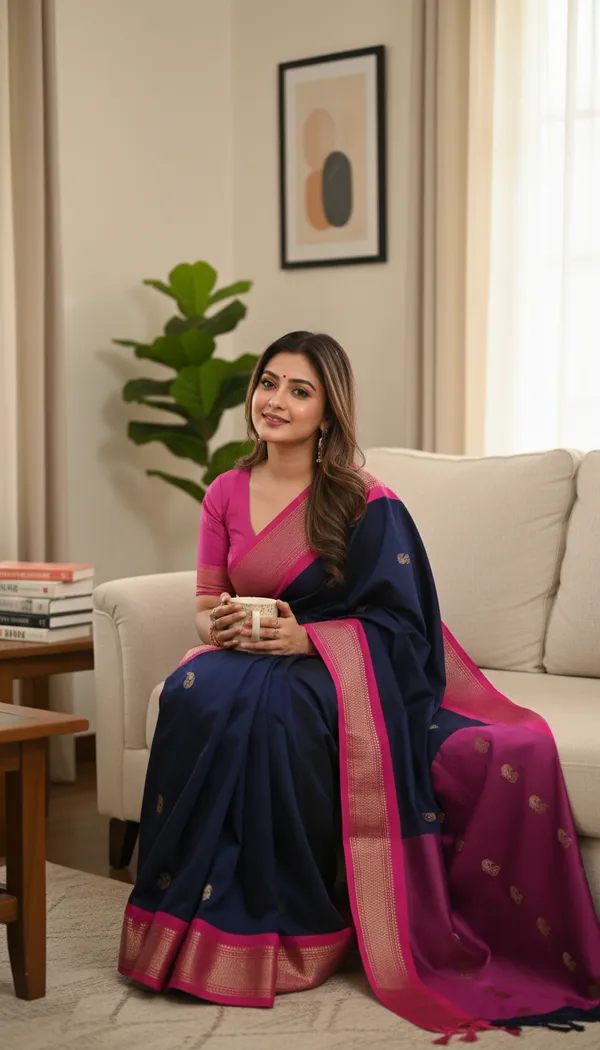 Navy_Blue_Cotton_Silk_Traditional_Saree_With_Running_Blouse_For_Women