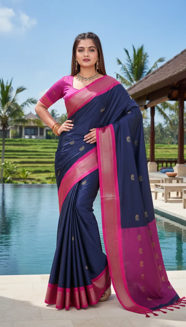 Navy_Blue_Cotton_Silk_Traditional_Saree_With_Running_Blouse_For_Women