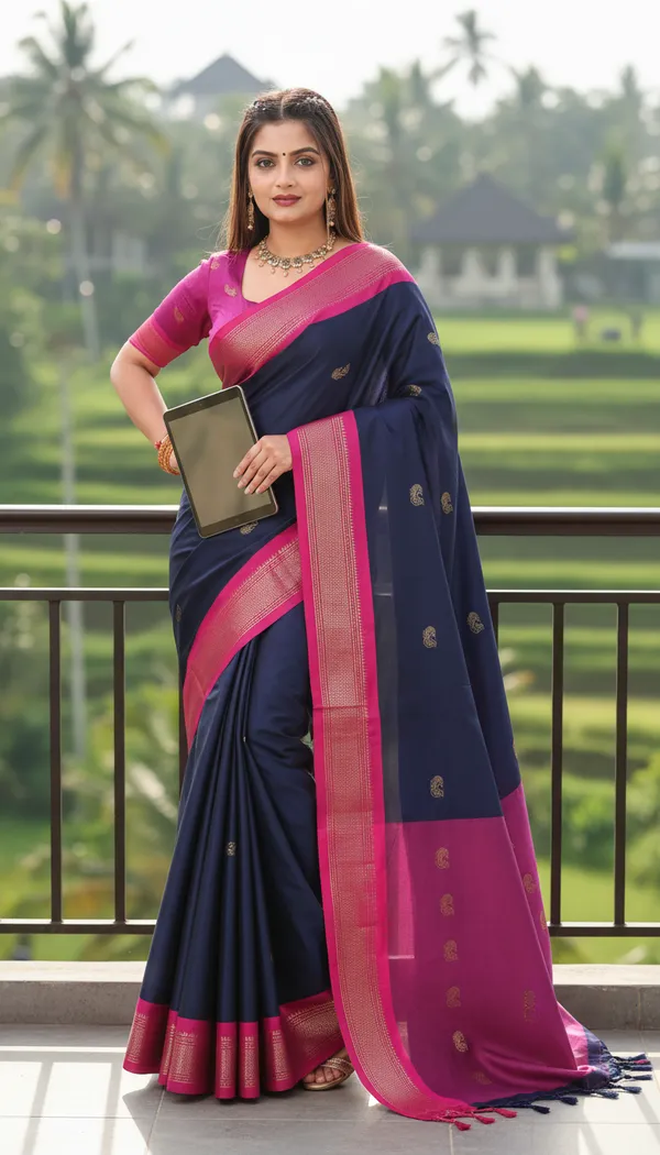 Navy_Blue_Cotton_Silk_Traditional_Saree_With_Running_Blouse_For_Women