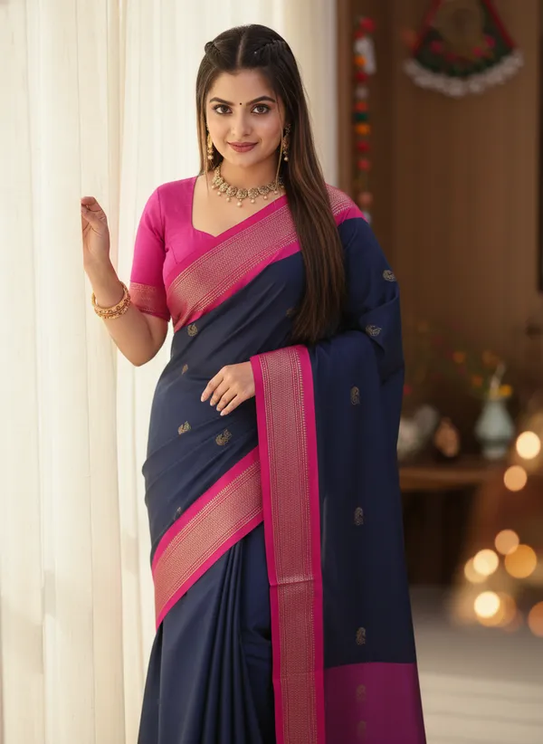 Navy_Blue_Cotton_Silk_Traditional_Saree_With_Running_Blouse_For_Women