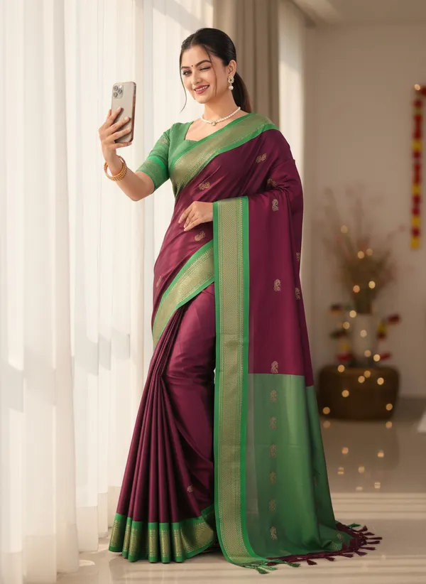 Wine_Cotton_Silk_Traditional_Saree_With_Running_Blouse_For_Women