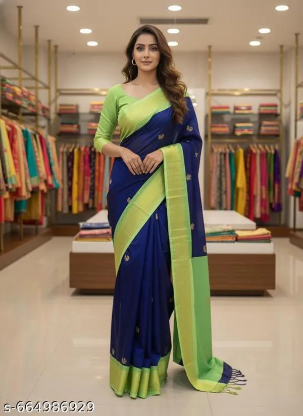 Dark_Blue_Cotton_Silk_Traditional_Saree_With_Running_Blouse_For_Women