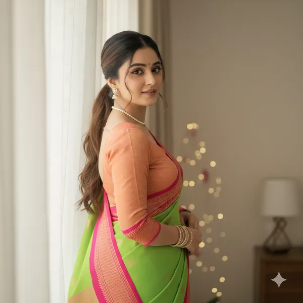 Parrot_Green_Cotton_Silk_Traditional_Saree_With_Running_Blouse_For_Women