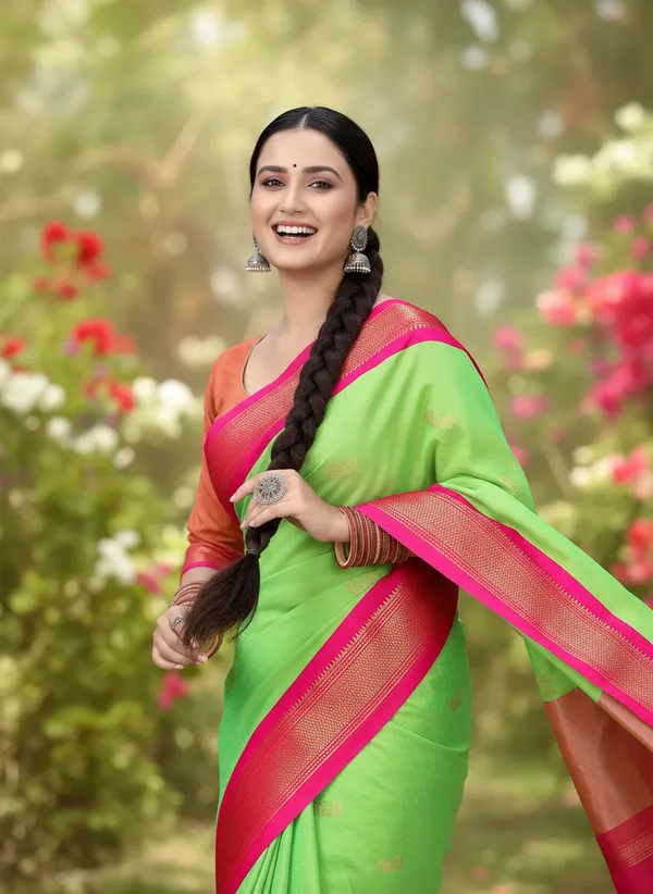 Parrot_Green_Cotton_Silk_Traditional_Saree_With_Running_Blouse_For_Women