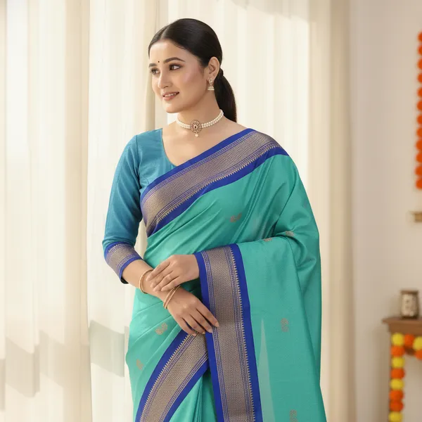 Turquoise_Green_Cotton_Silk_Traditional_Saree_With_Running_Blouse_For_Women