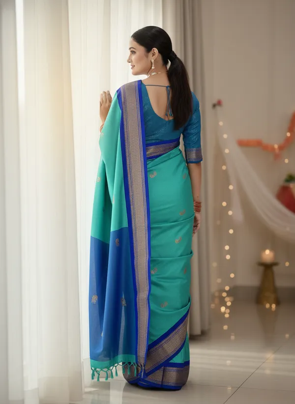 Turquoise_Green_Cotton_Silk_Traditional_Saree_With_Running_Blouse_For_Women