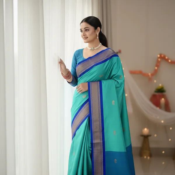 Turquoise_Green_Cotton_Silk_Traditional_Saree_With_Running_Blouse_For_Women
