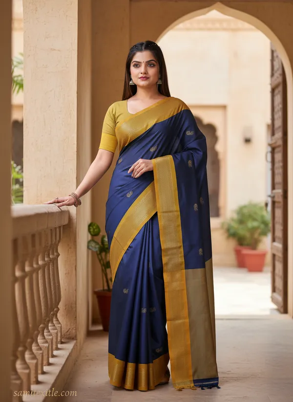 Navy_Blue_Cotton_Silk_Traditional_Saree_With_Running_Blouse_For_Women