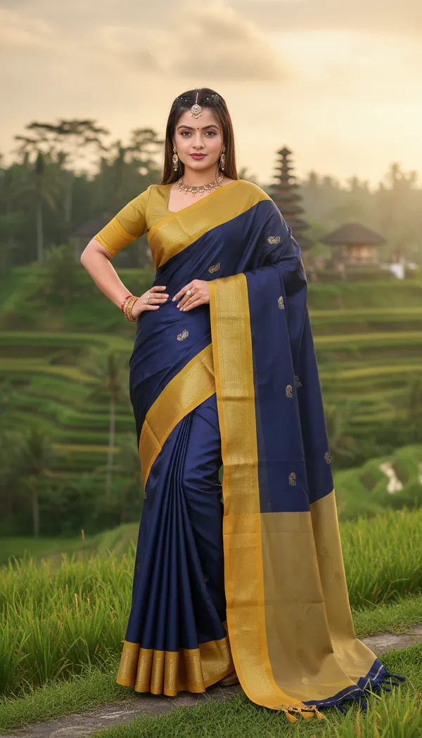 Navy_Blue_Cotton_Silk_Traditional_Saree_With_Running_Blouse_For_Women