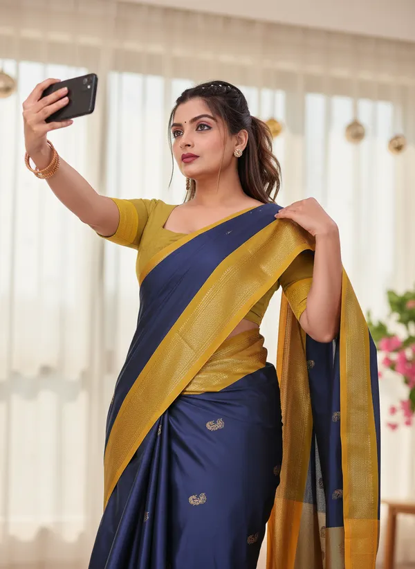Navy_Blue_Cotton_Silk_Traditional_Saree_With_Running_Blouse_For_Women
