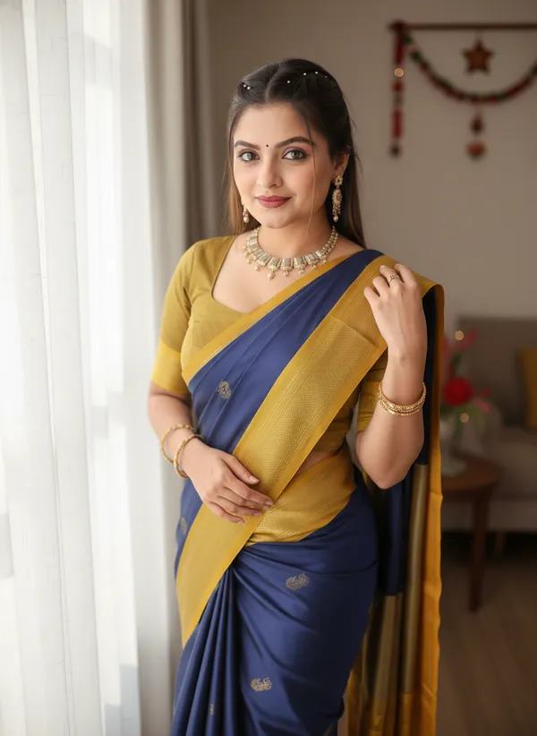 Navy_Blue_Cotton_Silk_Traditional_Saree_With_Running_Blouse_For_Women