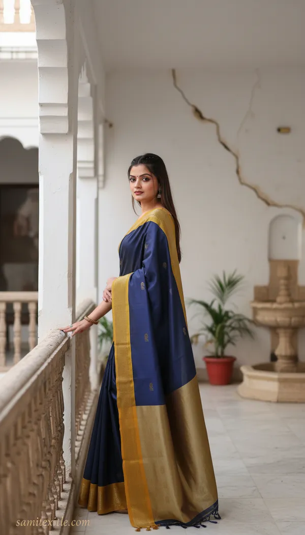 Navy_Blue_Cotton_Silk_Traditional_Saree_With_Running_Blouse_For_Women
