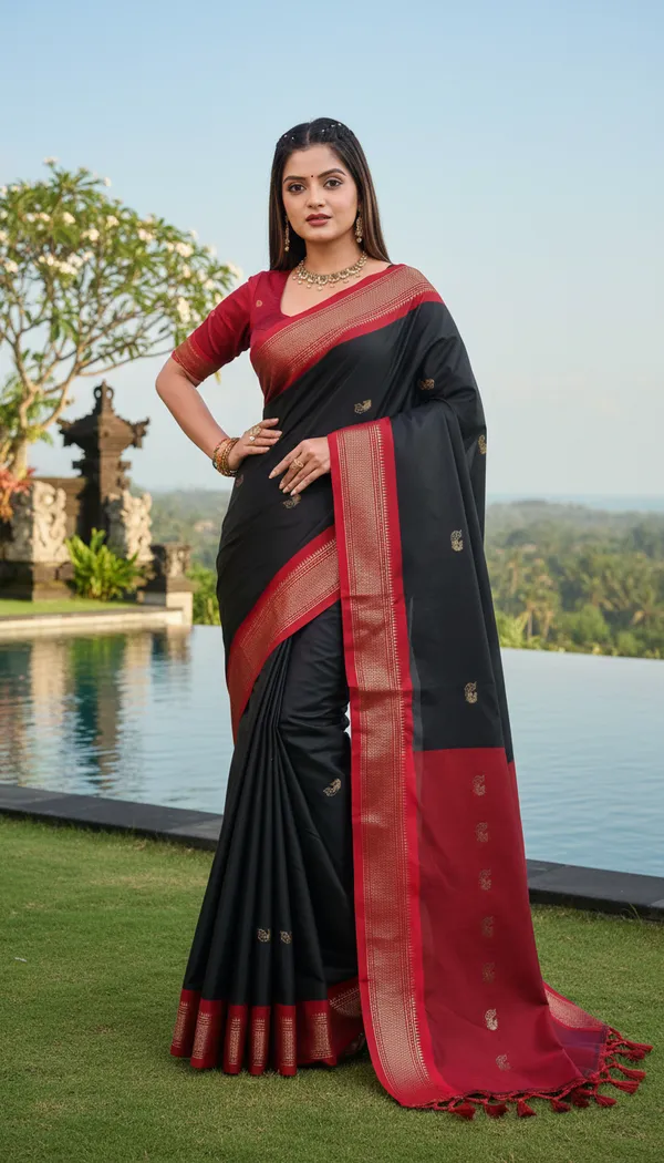 Black_Cotton_Silk_Traditional_Saree_With_Running_Blouse_For_Women