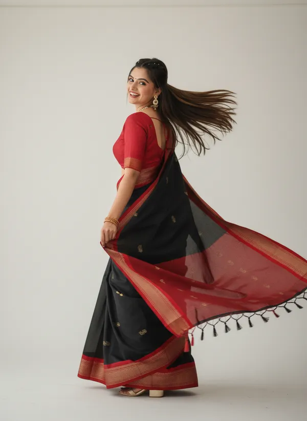 Black_Cotton_Silk_Traditional_Saree_With_Running_Blouse_For_Women