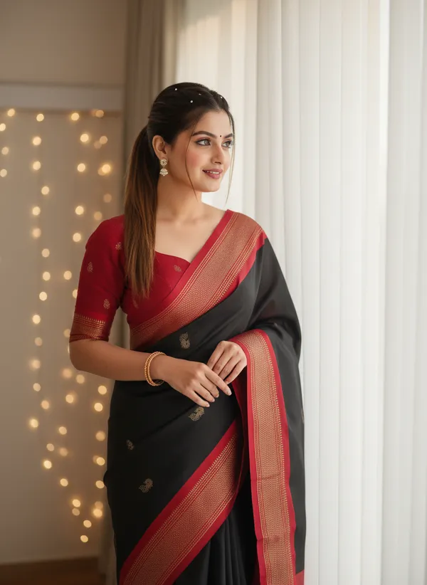 Black_Cotton_Silk_Traditional_Saree_With_Running_Blouse_For_Women