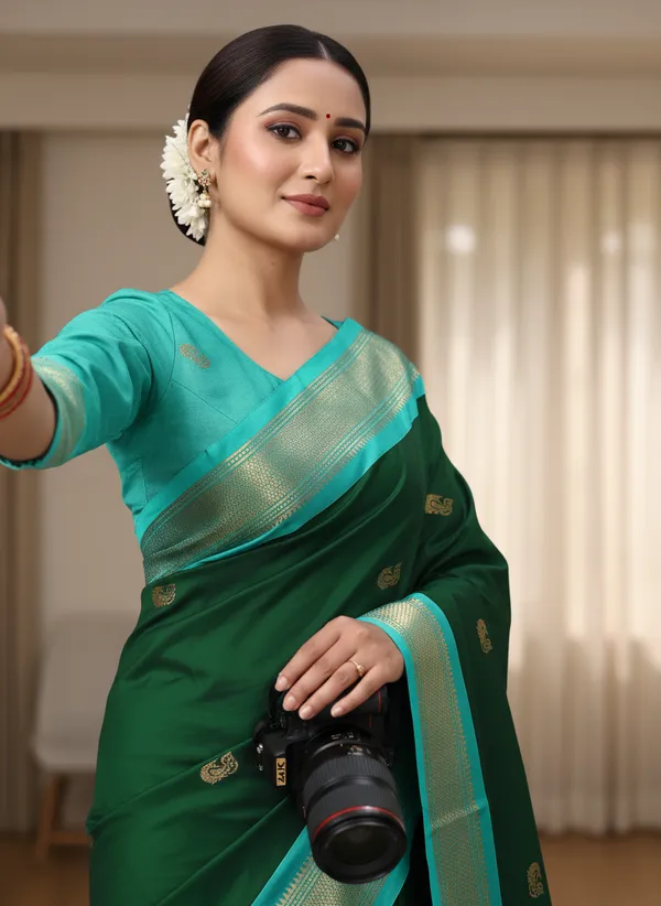Bottle_Green_Cotton_Silk_Traditional_Saree_With_Running_Blouse_For_Women