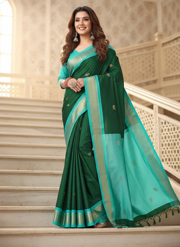 Bottle_Green_Cotton_Silk_Traditional_Saree_With_Running_Blouse_For_Women