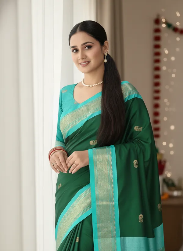 Bottle_Green_Cotton_Silk_Traditional_Saree_With_Running_Blouse_For_Women