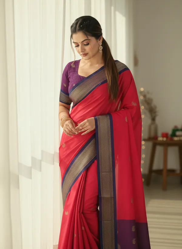 Red_Cotton_Silk_Traditional_Saree_With_Running_Blouse_For_Women