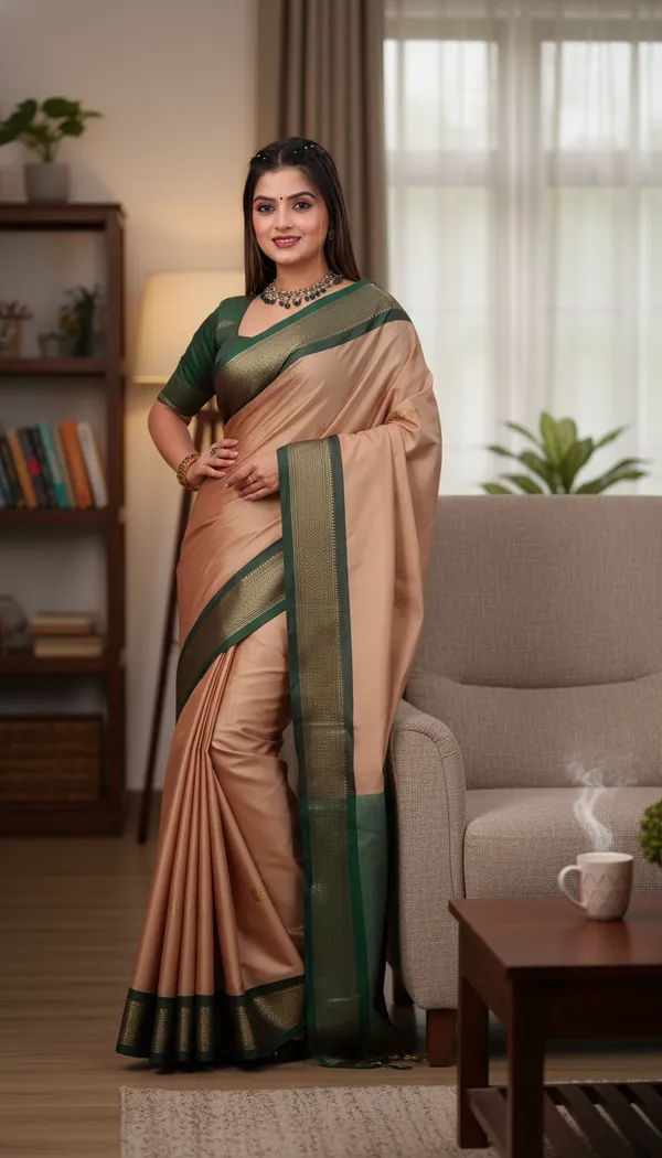 Peach_And_Dark_Green_Cotton_Silk_Traditional_Saree_With_Running_Blouse_For_Women