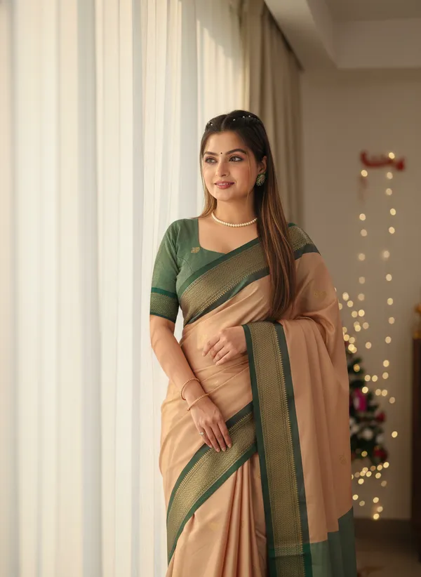 Peach_And_Dark_Green_Cotton_Silk_Traditional_Saree_With_Running_Blouse_For_Women