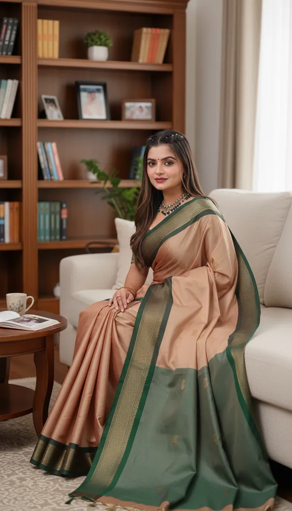 Peach_And_Dark_Green_Cotton_Silk_Traditional_Saree_With_Running_Blouse_For_Women