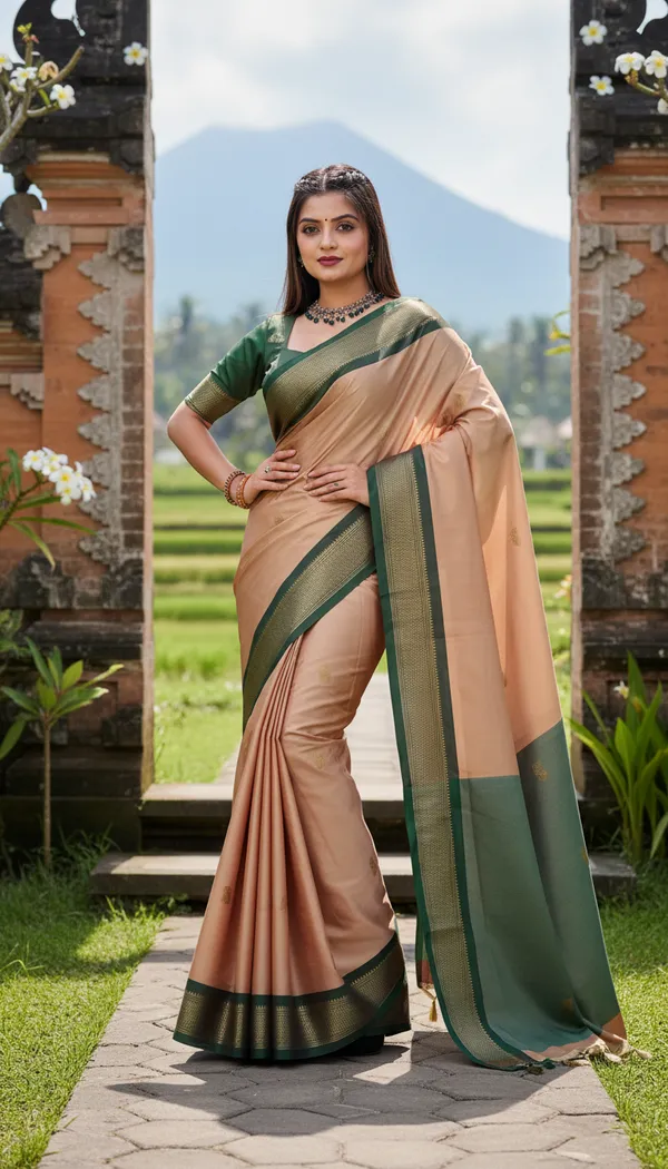 Peach_And_Dark_Green_Cotton_Silk_Traditional_Saree_With_Running_Blouse_For_Women