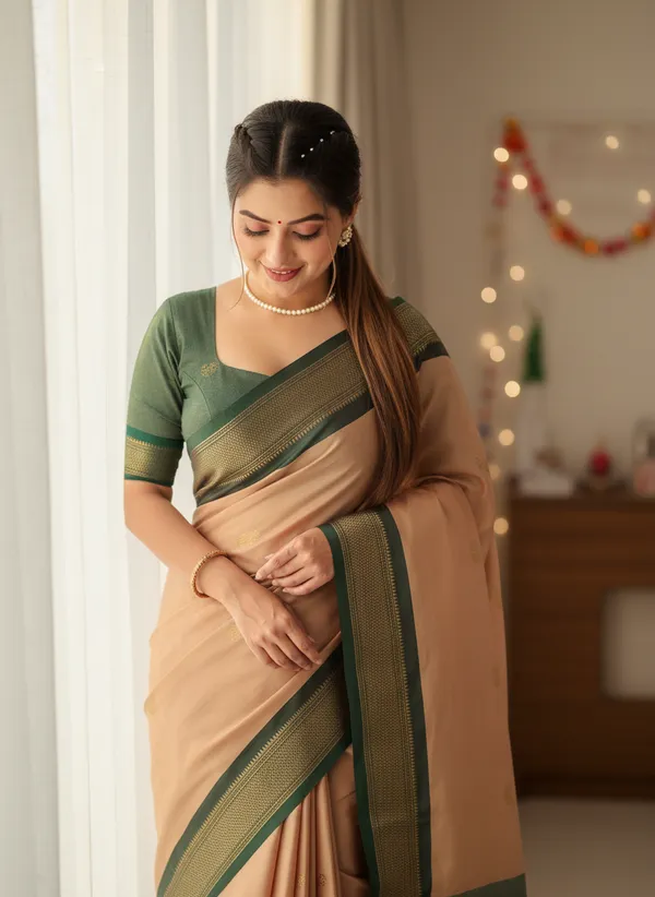 Peach_And_Dark_Green_Cotton_Silk_Traditional_Saree_With_Running_Blouse_For_Women