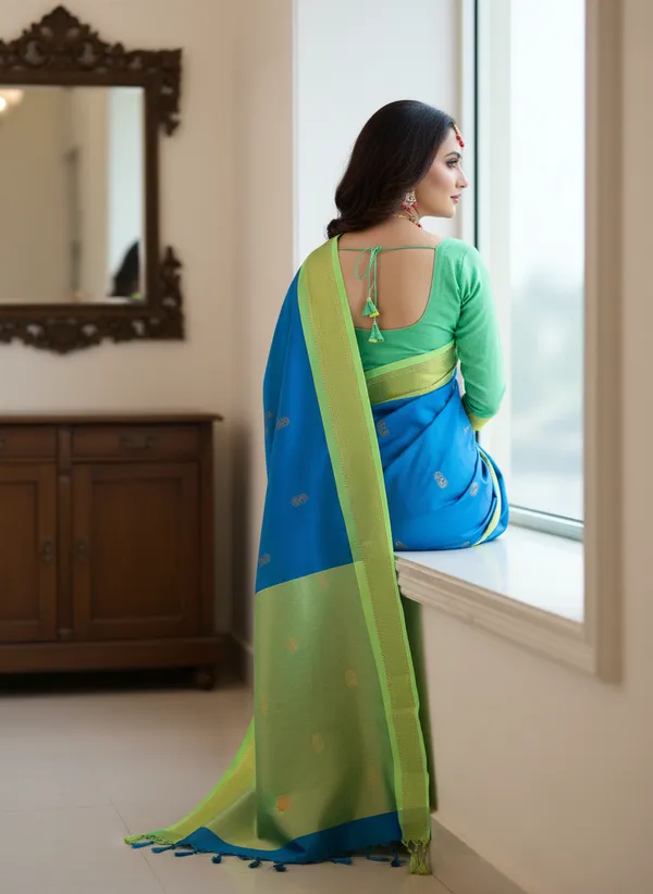 Blue_Cotton_Silk_Traditional_Saree_With_Running_Blouse_For_Women