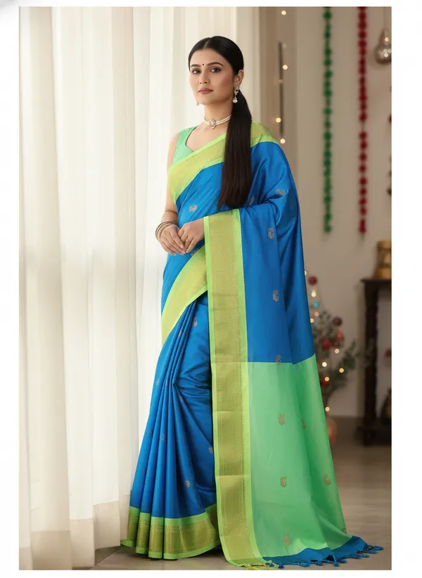 Blue_Cotton_Silk_Traditional_Saree_With_Running_Blouse_For_Women