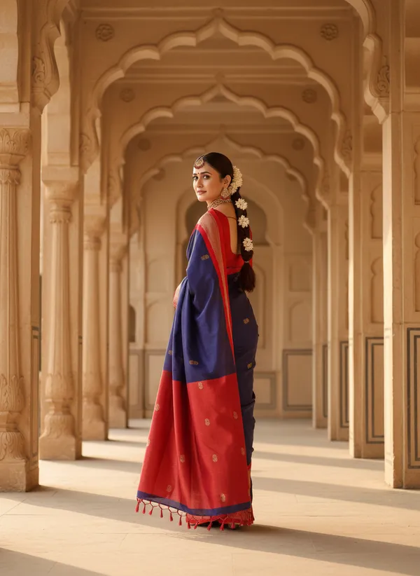Navy_Blue_Cotton_Silk_Traditional_Saree_With_Running_Blouse_For_Women