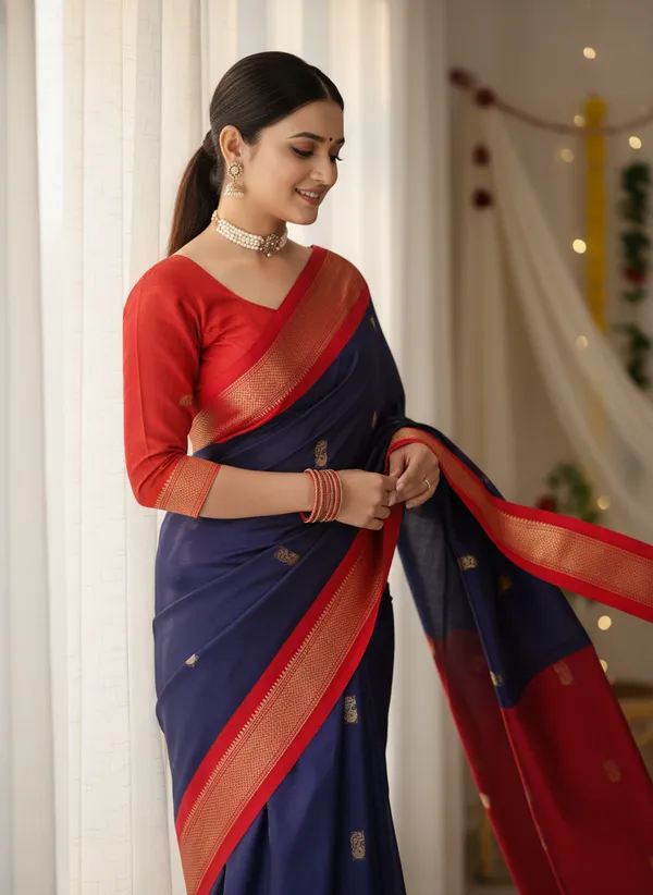 Navy_Blue_Cotton_Silk_Traditional_Saree_With_Running_Blouse_For_Women